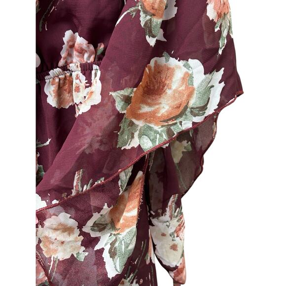 Wilde Floral Boho Dress Large Off Shoulder Burgundy Sheer‎ Ruffle Sleeve Cottage - Picture 3 of 8